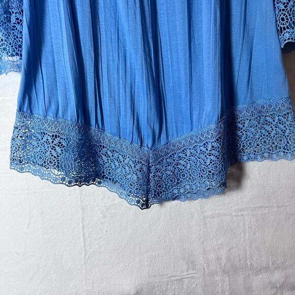 French Laundry large Blue Boho Peasant Tunic Top Lace Bell Sleeve Crochet Hem - Picture 5 of 7